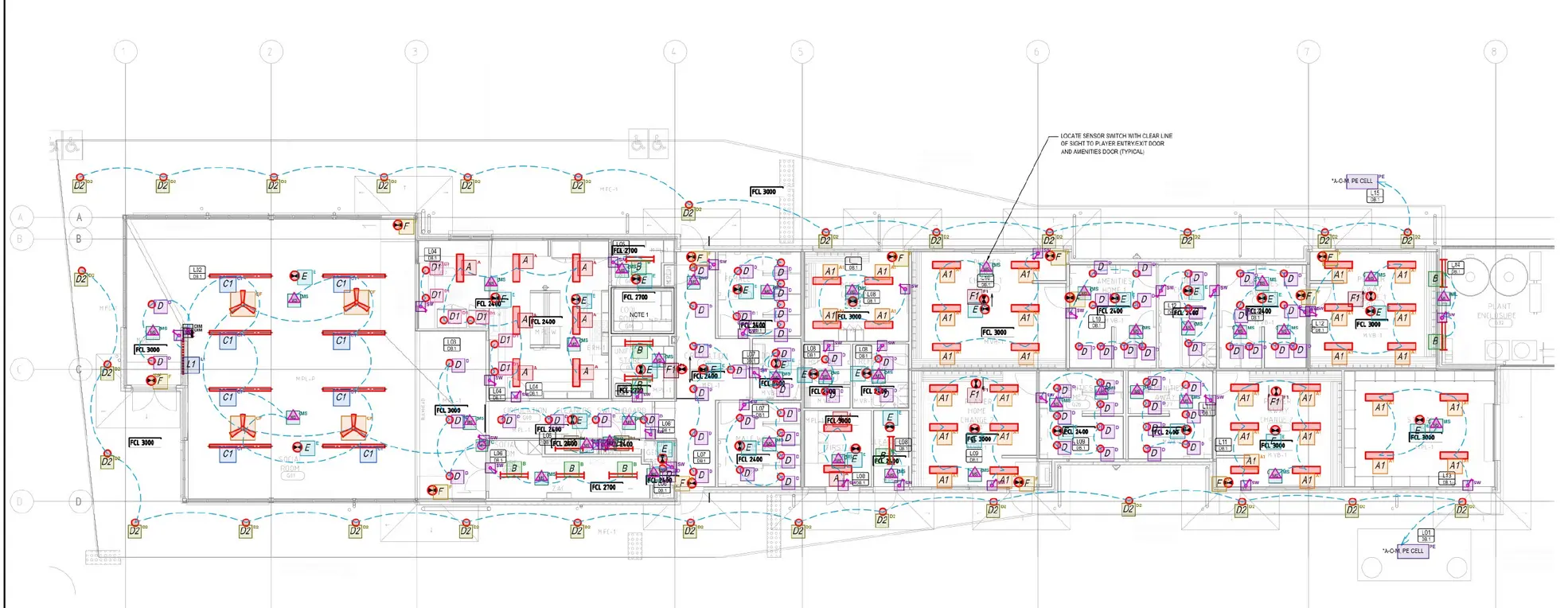 Lighting layout plan overlaid with the agent's takeoff markups — every counted fitting boxed and labelled