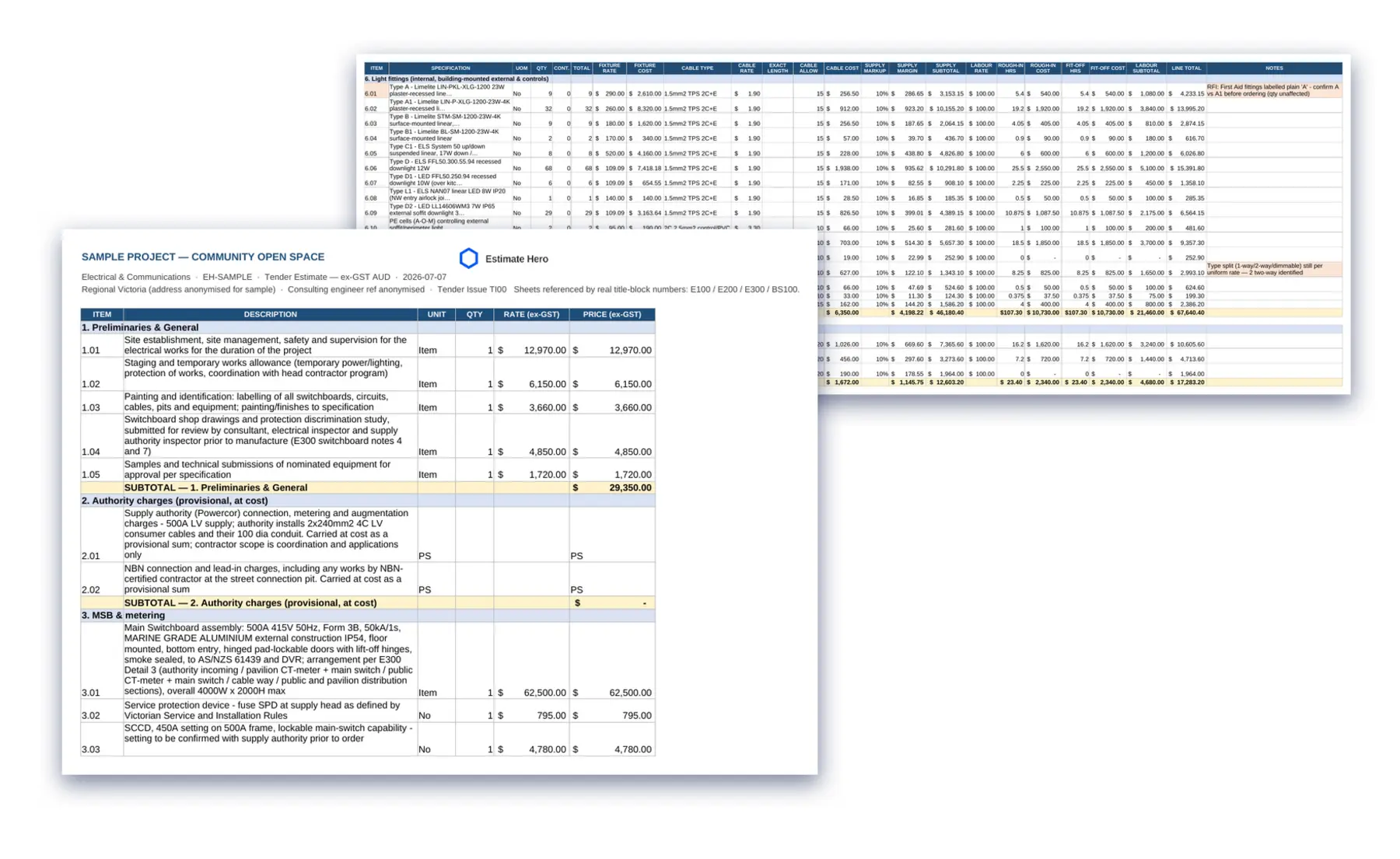 The priced bill of quantities with the detailed build-up sheet behind it — fixture rates, cable allowances, supply margins and labour hours per line