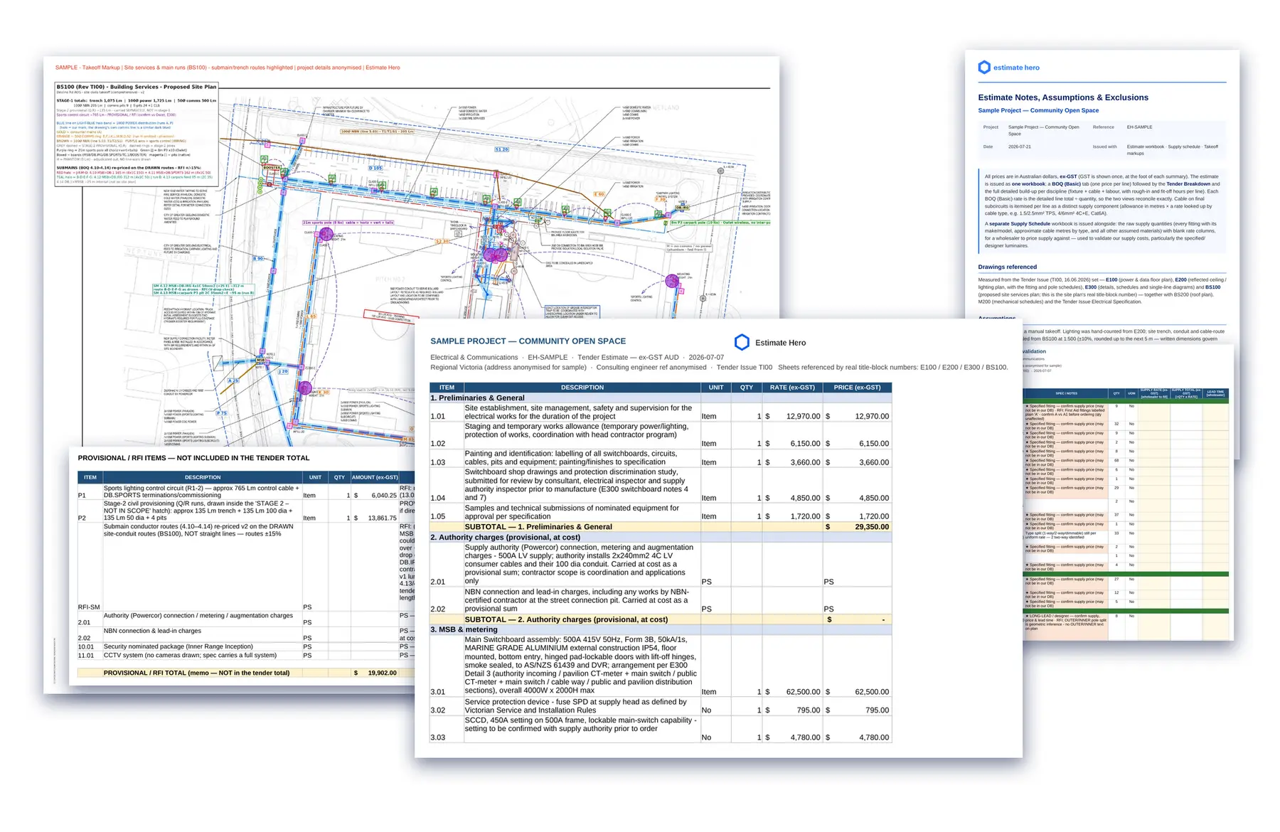 The delivered pack fanned out: marked-up site plan, priced BOQ, estimate notes, wholesaler supply schedule and the RFI list